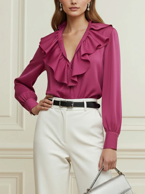 Long Sleeves Loose Ruffle Trim Solid Color V-Neck Blouses&Shirts Tops - Image 2
