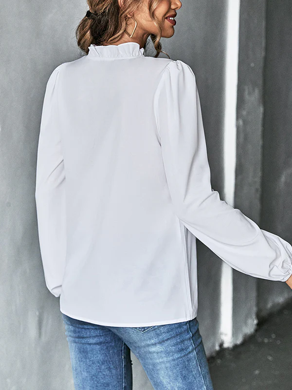 Long Sleeves Loose Ruffled Solid Color V-Neck Blouses&Shirts Tops - Image 12
