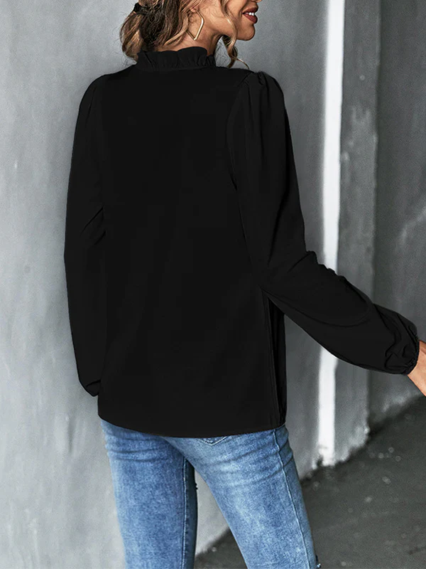 Long Sleeves Loose Ruffled Solid Color V-Neck Blouses&Shirts Tops - Image 7