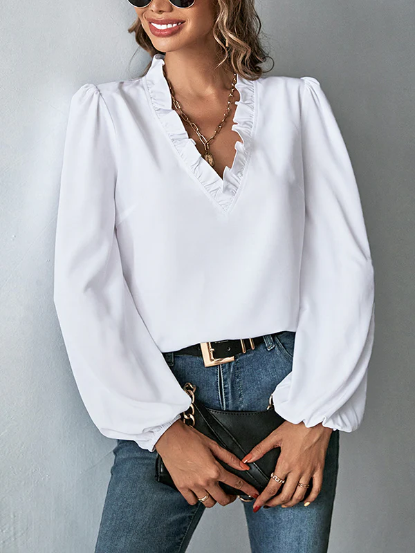 Long Sleeves Loose Ruffled Solid Color V-Neck Blouses&Shirts Tops - Image 8