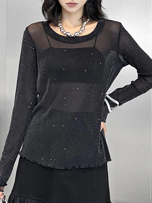 Long Sleeves Loose See-Through Shiny Round-Neck T-Shirts Tops - Image 10