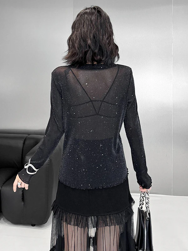 Long Sleeves Loose See-Through Shiny Round-Neck T-Shirts Tops - Image 11