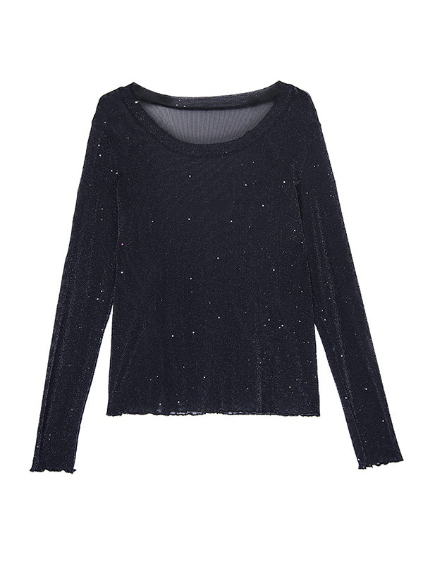 Long Sleeves Loose See-Through Shiny Round-Neck T-Shirts Tops - Image 12