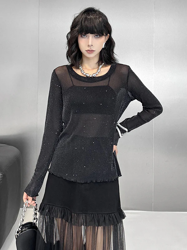 Long Sleeves Loose See-Through Shiny Round-Neck T-Shirts Tops - Image 2