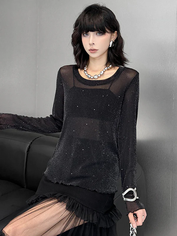 Long Sleeves Loose See-Through Shiny Round-Neck T-Shirts Tops - Image 3