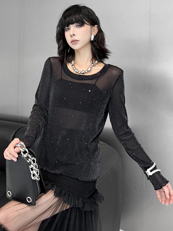 Long Sleeves Loose See-Through Shiny Round-Neck T-Shirts Tops - Image 4