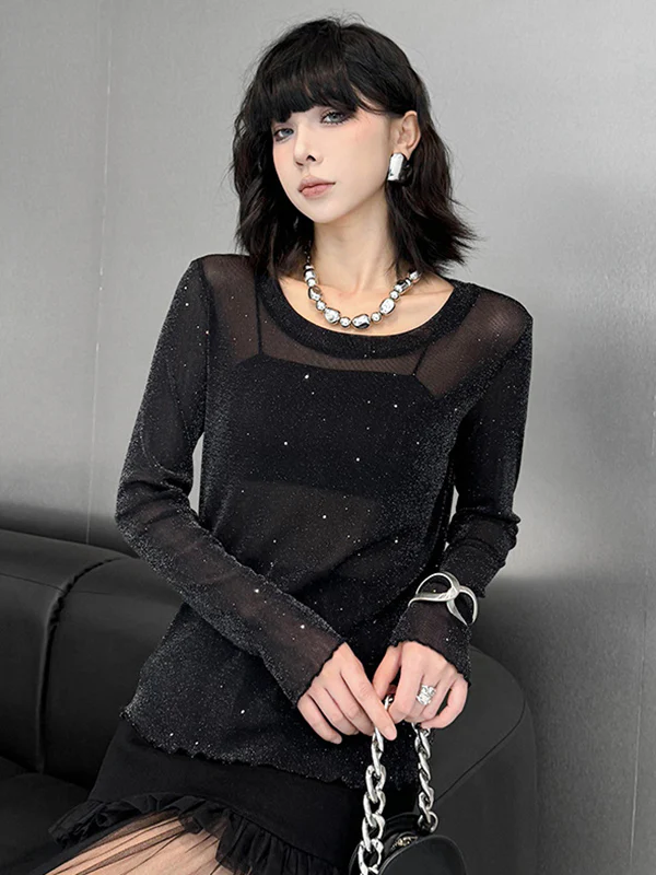 Long Sleeves Loose See-Through Shiny Round-Neck T-Shirts Tops - Image 5