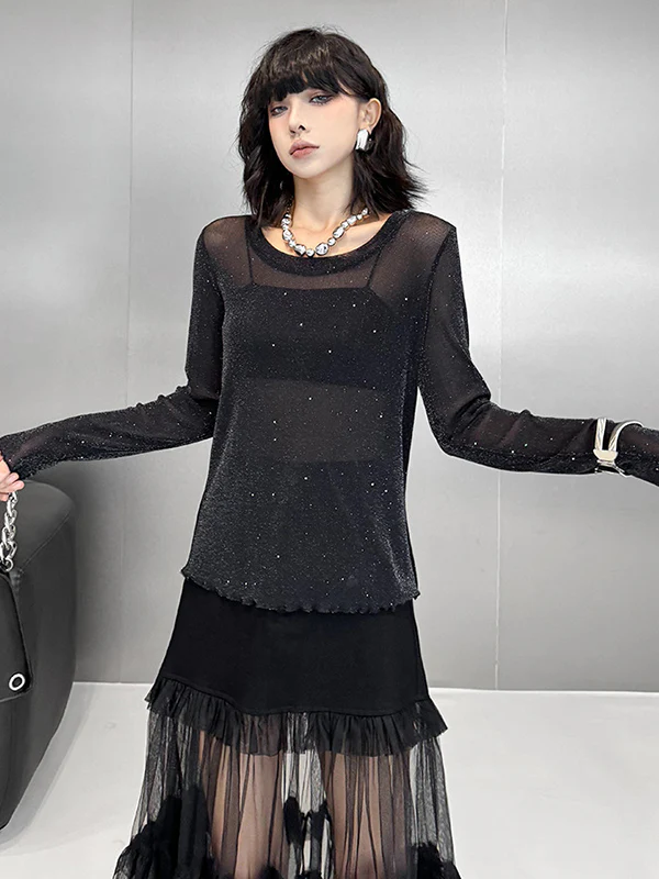 Long Sleeves Loose See-Through Shiny Round-Neck T-Shirts Tops - Image 6