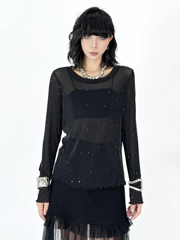 Long Sleeves Loose See-Through Shiny Round-Neck T-Shirts Tops - Image 7
