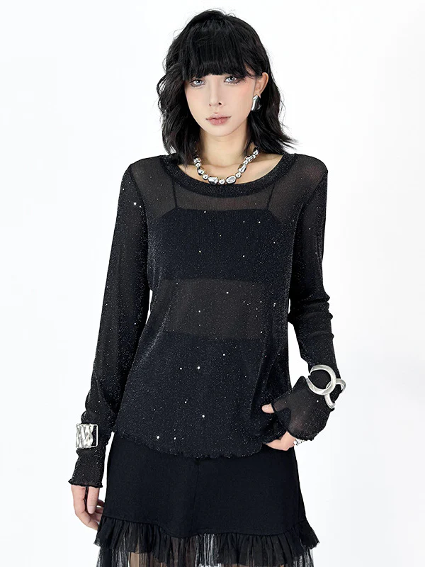 Long Sleeves Loose See-Through Shiny Round-Neck T-Shirts Tops - Image 8