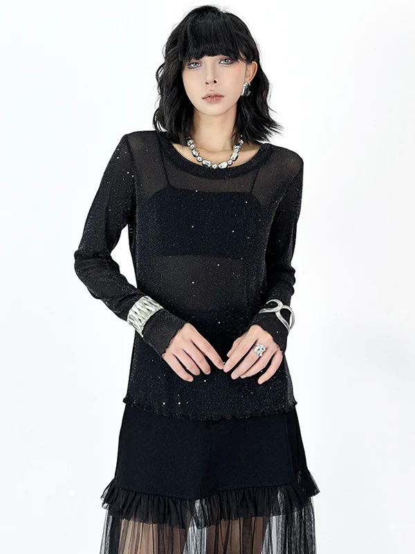 Long Sleeves Loose See-Through Shiny Round-Neck T-Shirts Tops - Image 9