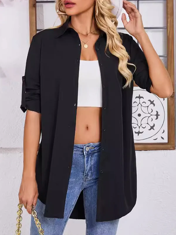 Long Sleeves Loose See-Through Solid Color Split-Joint Lapel Blouses - Image 3