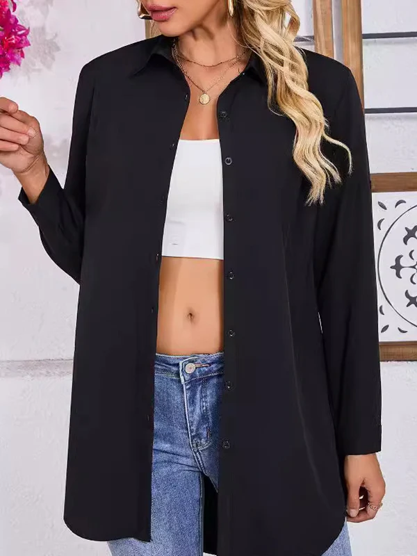 Long Sleeves Loose See-Through Solid Color Split-Joint Lapel Blouses - Image 4