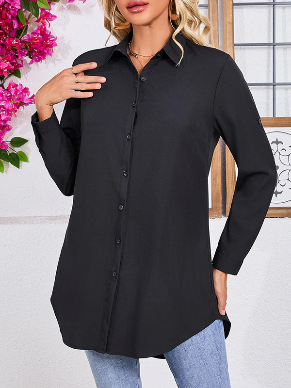 Long Sleeves Loose See-Through Solid Color Split-Joint Lapel Blouses - Image 5