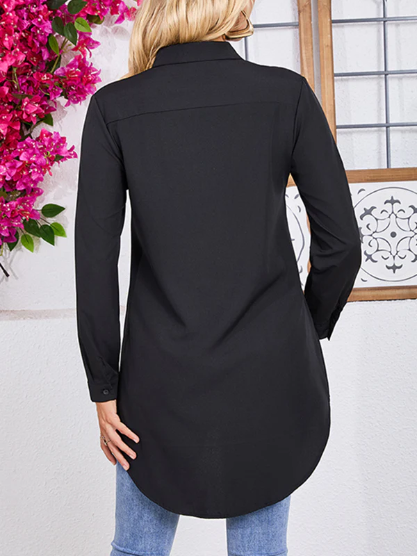 Long Sleeves Loose See-Through Solid Color Split-Joint Lapel Blouses - Image 6