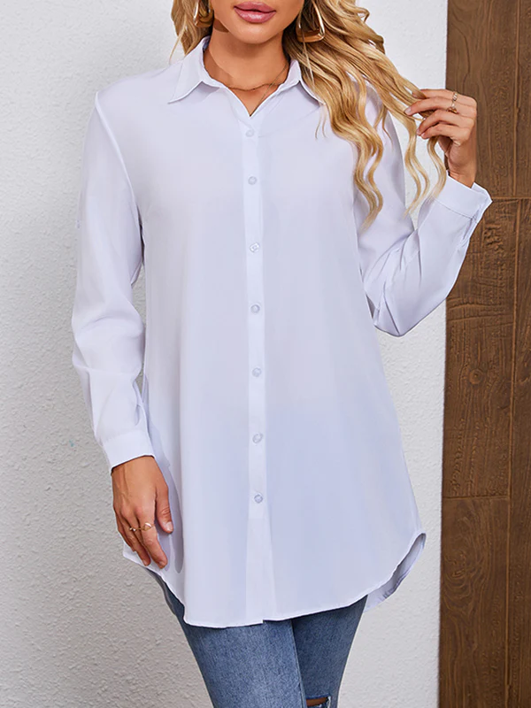 Long Sleeves Loose See-Through Solid Color Split-Joint Lapel Blouses - Image 7