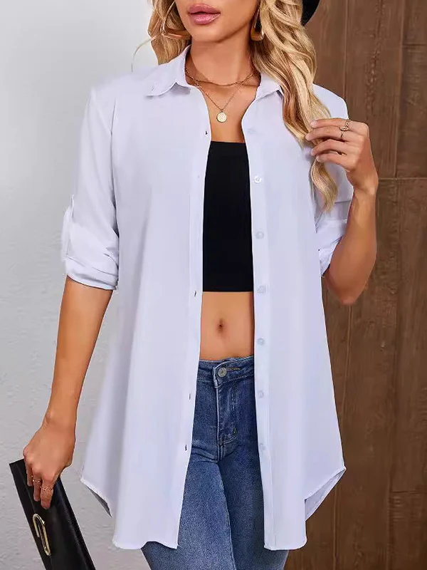 Long Sleeves Loose See-Through Solid Color Split-Joint Lapel Blouses - Image 8