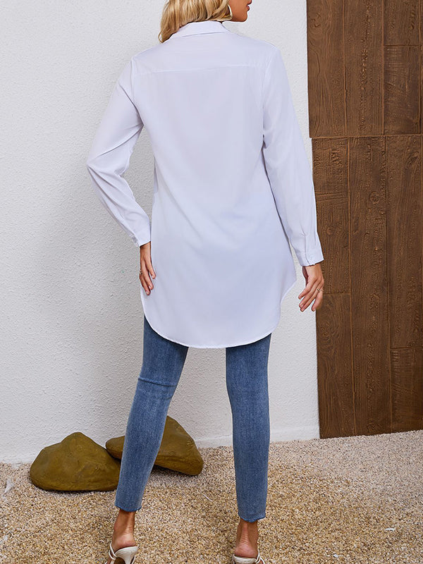 Long Sleeves Loose See-Through Solid Color Split-Joint Lapel Blouses - Image 9