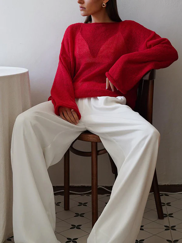 Long Sleeves Loose See-Through Solid Color Split-Joint Round-Neck Sweater Tops - Image 10
