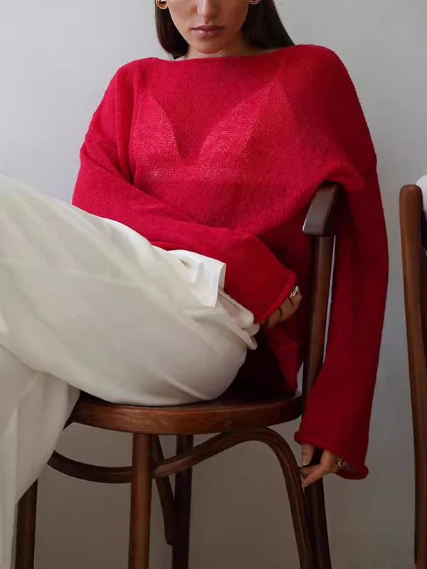 Long Sleeves Loose See-Through Solid Color Split-Joint Round-Neck Sweater Tops - Image 11