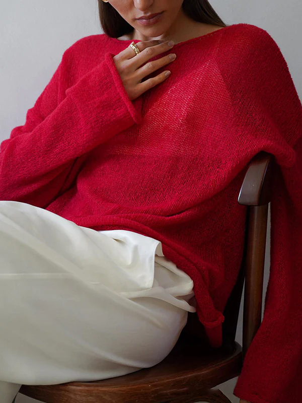 Long Sleeves Loose See-Through Solid Color Split-Joint Round-Neck Sweater Tops - Image 12