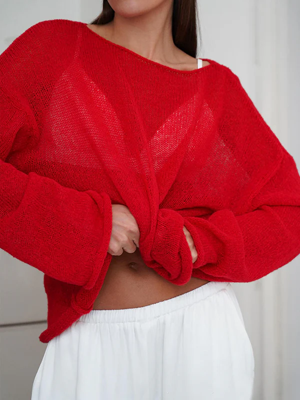 Long Sleeves Loose See-Through Solid Color Split-Joint Round-Neck Sweater Tops - Image 13