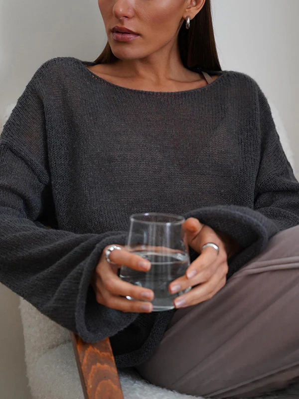 Long Sleeves Loose See-Through Solid Color Split-Joint Round-Neck Sweater Tops - Image 15