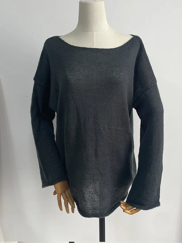 Long Sleeves Loose See-Through Solid Color Split-Joint Round-Neck Sweater Tops - Image 16