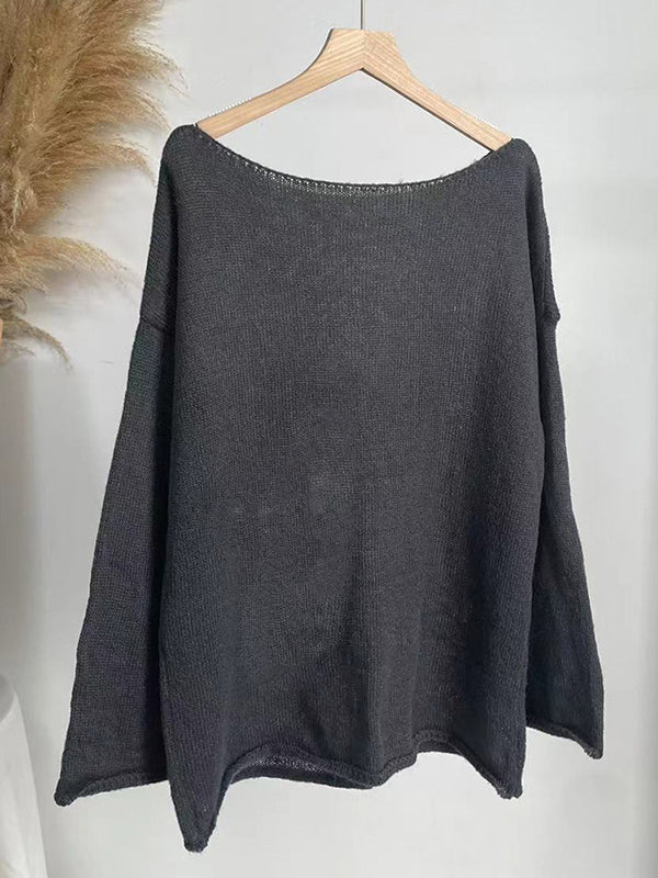 Long Sleeves Loose See-Through Solid Color Split-Joint Round-Neck Sweater Tops - Image 17