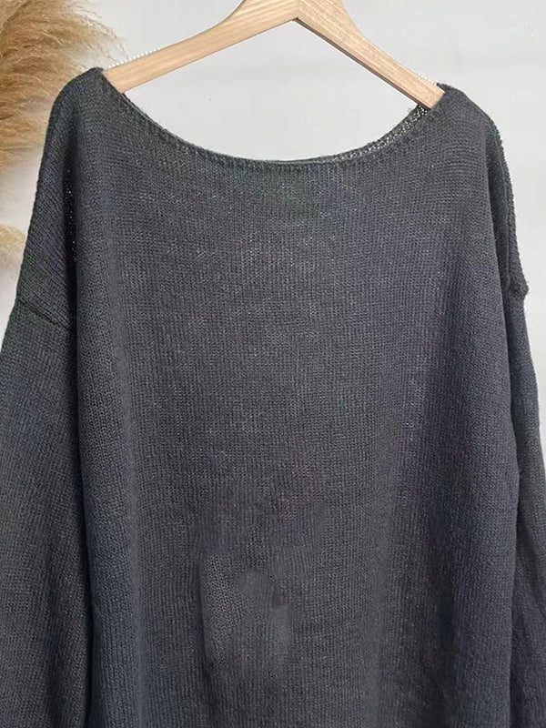 Long Sleeves Loose See-Through Solid Color Split-Joint Round-Neck Sweater Tops - Image 18