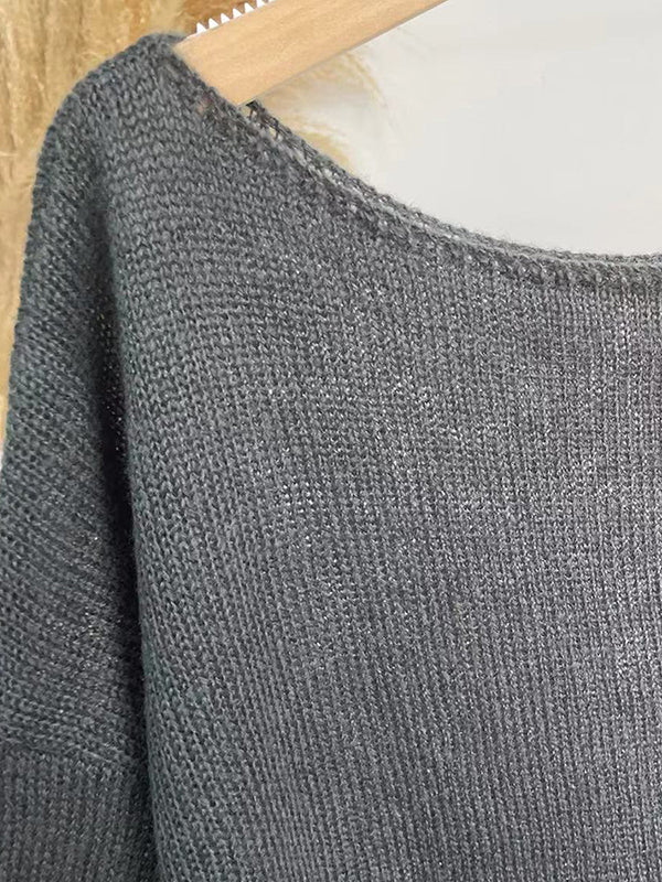 Long Sleeves Loose See-Through Solid Color Split-Joint Round-Neck Sweater Tops - Image 19