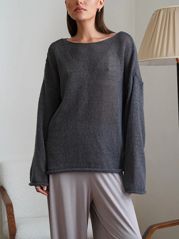 Long Sleeves Loose See-Through Solid Color Split-Joint Round-Neck Sweater Tops - Image 2