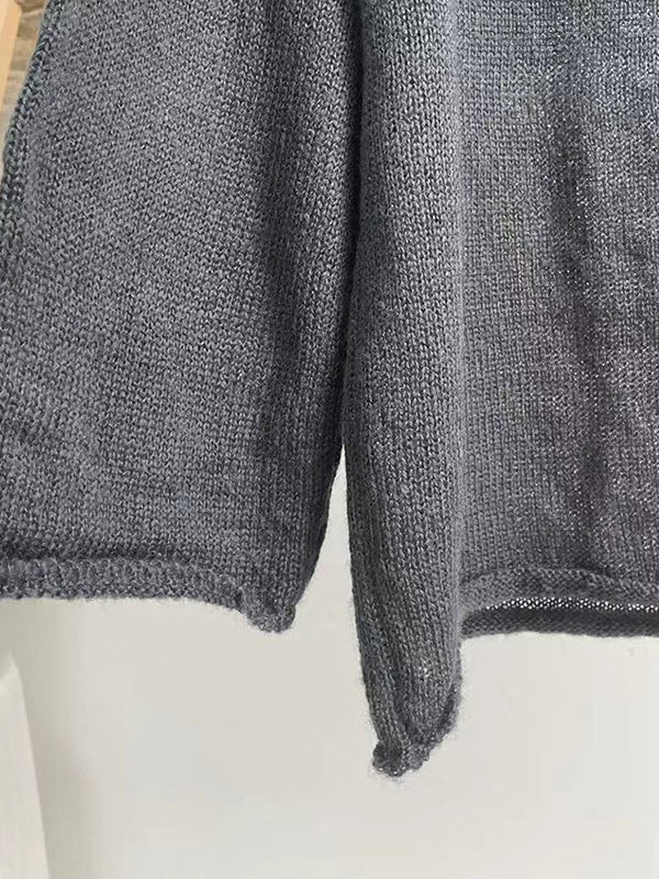 Long Sleeves Loose See-Through Solid Color Split-Joint Round-Neck Sweater Tops - Image 20