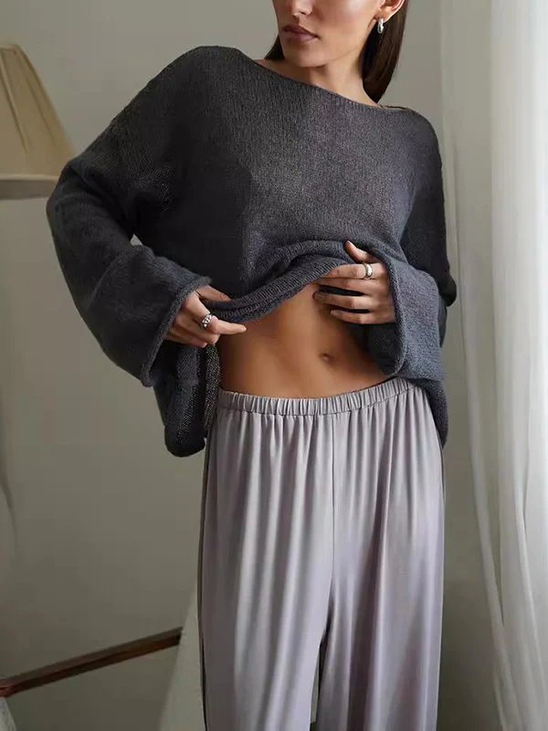 Long Sleeves Loose See-Through Solid Color Split-Joint Round-Neck Sweater Tops - Image 4