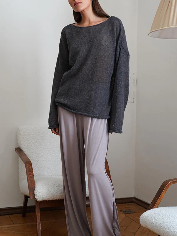 Long Sleeves Loose See-Through Solid Color Split-Joint Round-Neck Sweater Tops - Image 5