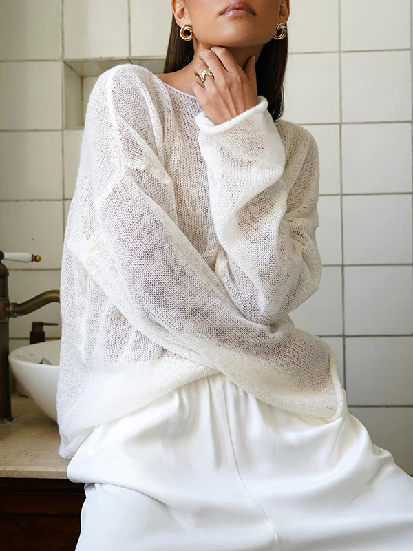 Long Sleeves Loose See-Through Solid Color Split-Joint Round-Neck Sweater Tops - Image 6