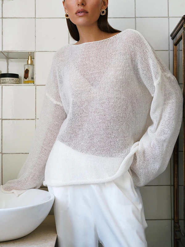 Long Sleeves Loose See-Through Solid Color Split-Joint Round-Neck Sweater Tops - Image 7
