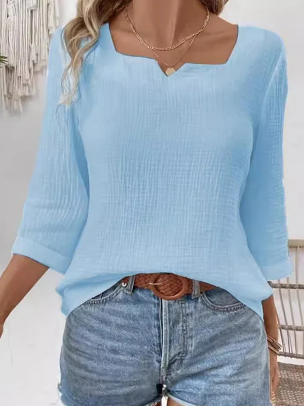 Long Sleeves Loose See-Through Solid Color Split-Joint Square-Neck Blouses&Shirts Tops - Image 2