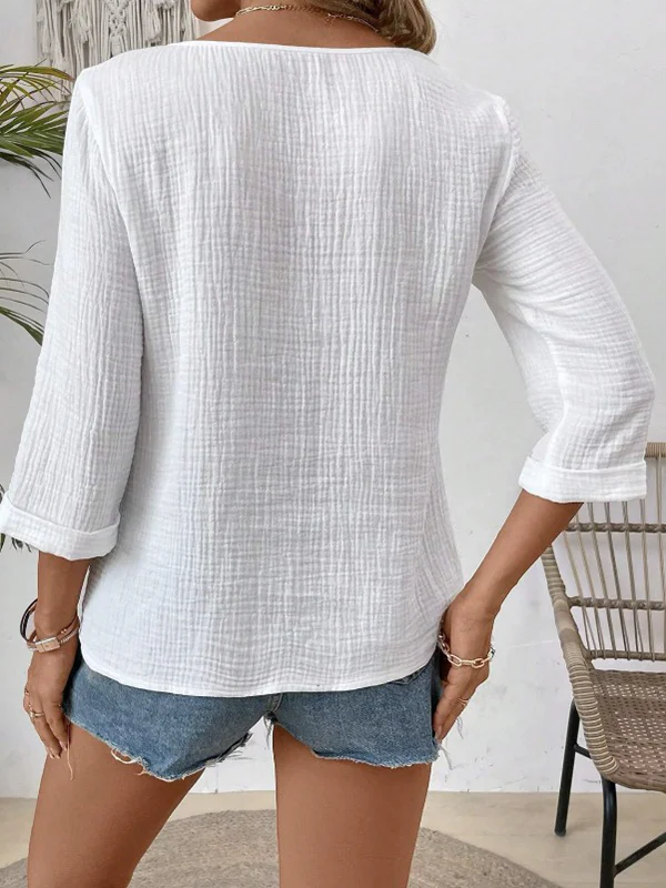 Long Sleeves Loose See-Through Solid Color Split-Joint Square-Neck Blouses&Shirts Tops - Image 6
