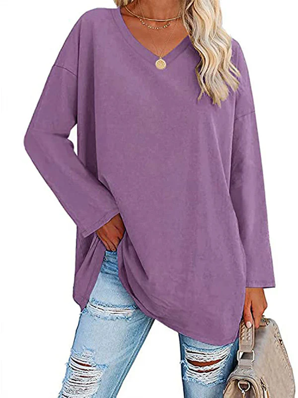 Long Sleeves Loose See-Through Solid Color Split-Joint V-Neck T-Shirts - Image 10