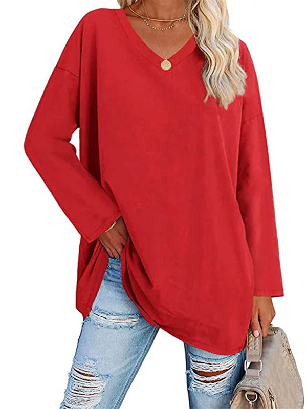 Long Sleeves Loose See-Through Solid Color Split-Joint V-Neck T-Shirts - Image 11
