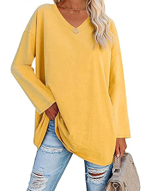 Long Sleeves Loose See-Through Solid Color Split-Joint V-Neck T-Shirts - Image 12