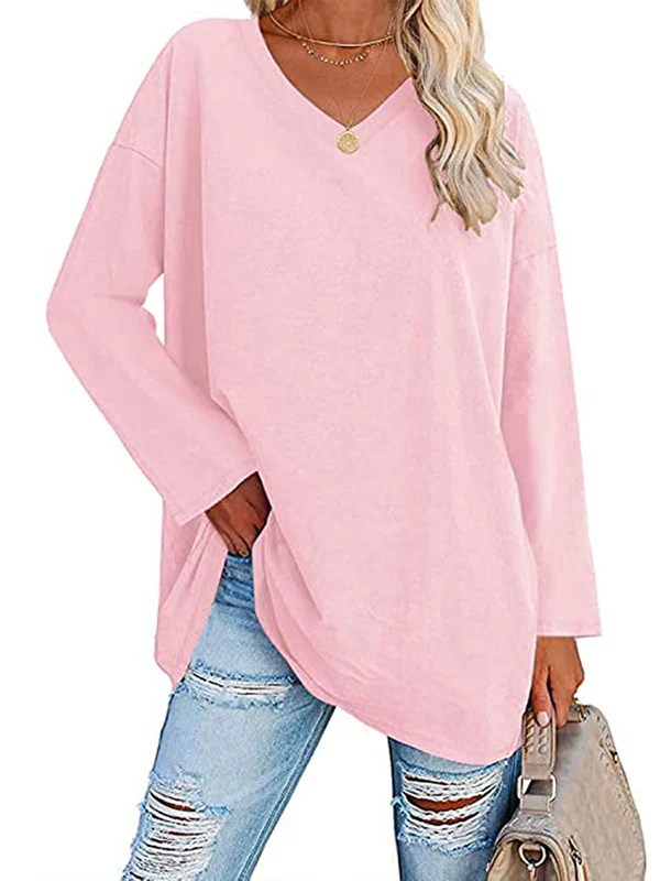 Long Sleeves Loose See-Through Solid Color Split-Joint V-Neck T-Shirts - Image 13