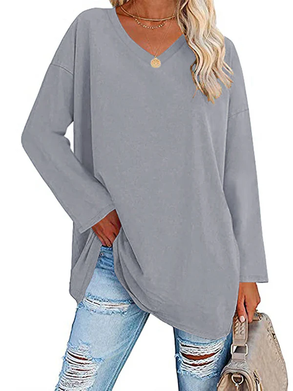 Long Sleeves Loose See-Through Solid Color Split-Joint V-Neck T-Shirts - Image 14