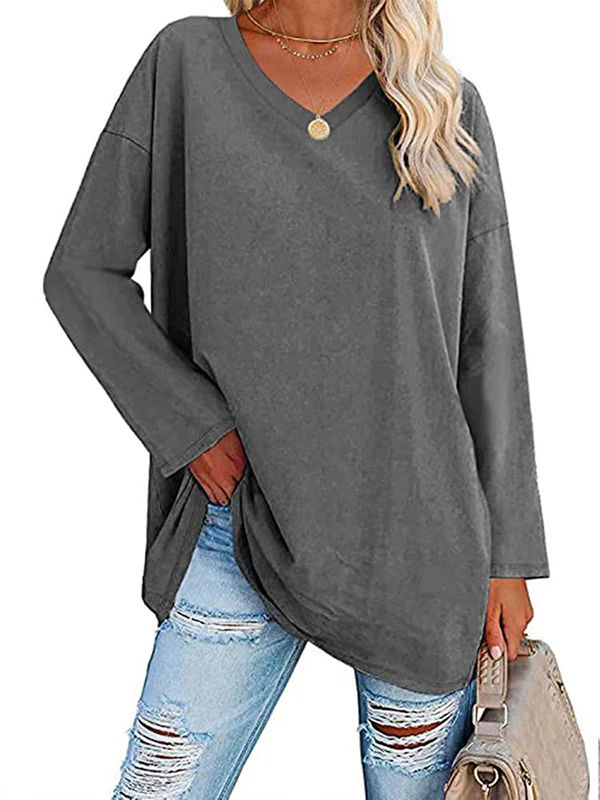 Long Sleeves Loose See-Through Solid Color Split-Joint V-Neck T-Shirts - Image 15