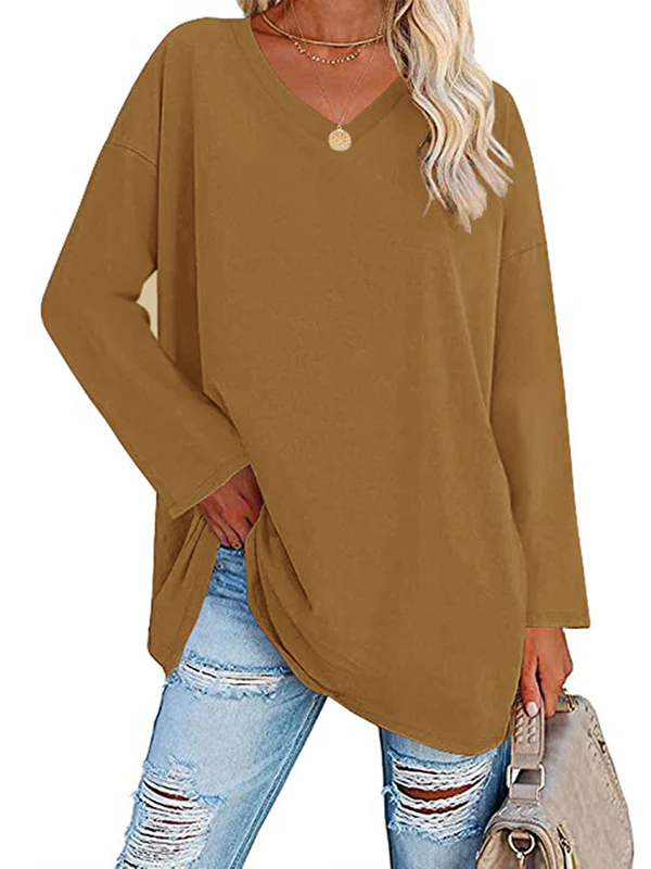 Long Sleeves Loose See-Through Solid Color Split-Joint V-Neck T-Shirts - Image 16