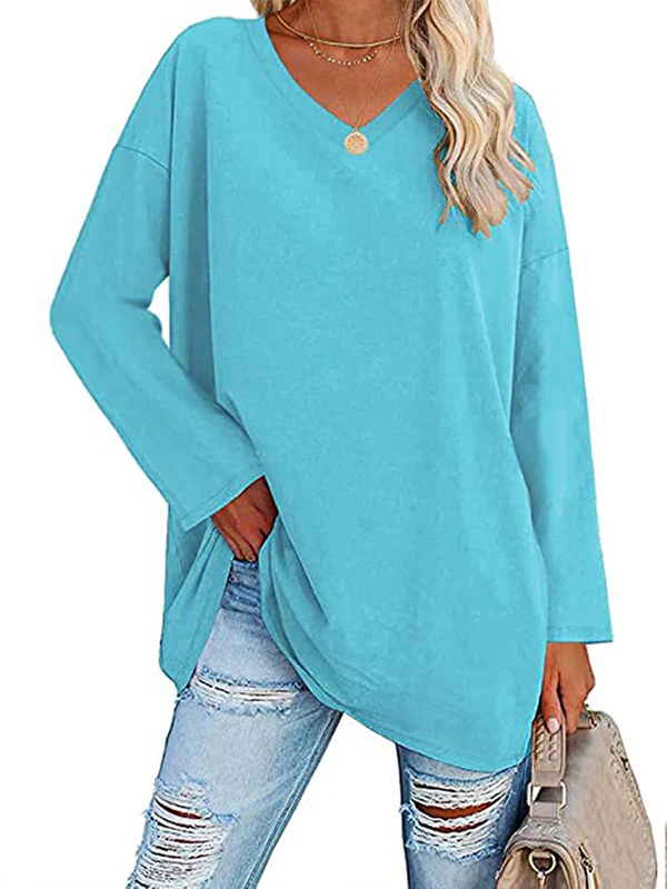Long Sleeves Loose See-Through Solid Color Split-Joint V-Neck T-Shirts - Image 17