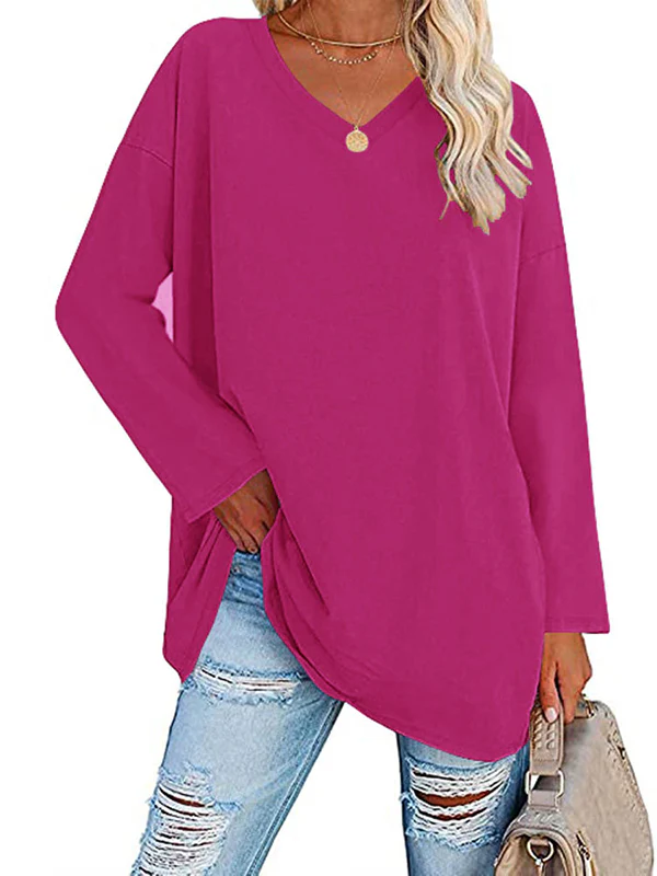 Long Sleeves Loose See-Through Solid Color Split-Joint V-Neck T-Shirts - Image 18