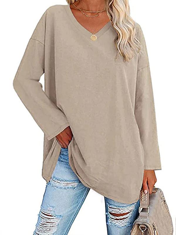 Long Sleeves Loose See-Through Solid Color Split-Joint V-Neck T-Shirts - Image 19