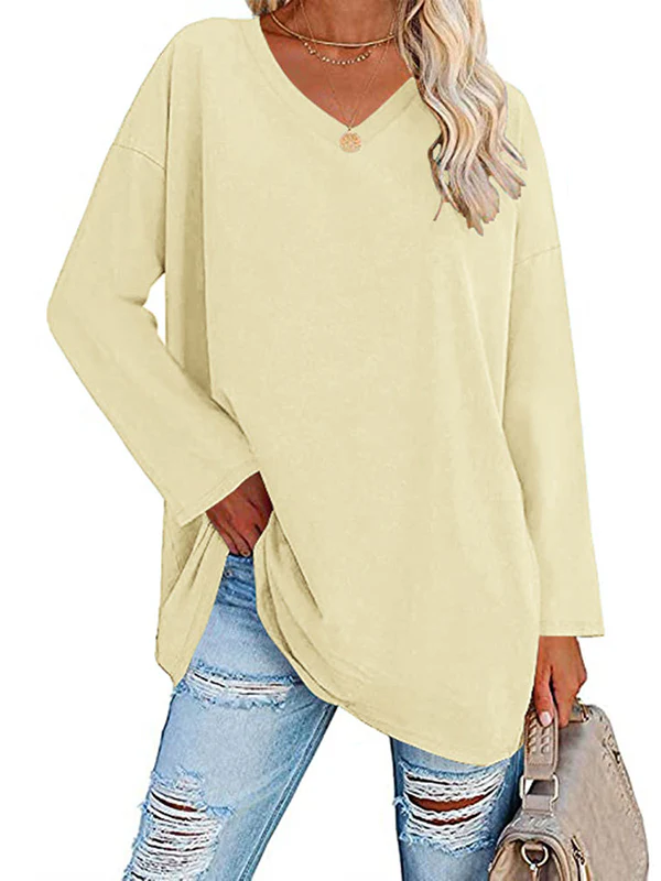 Long Sleeves Loose See-Through Solid Color Split-Joint V-Neck T-Shirts - Image 20